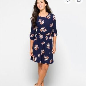 French Grey Navy Floral Long Sleeve Dress